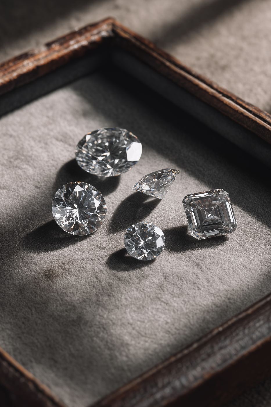 Five loose certified diamonds in assorted cuts arranged on grey velvet inside a leather tray