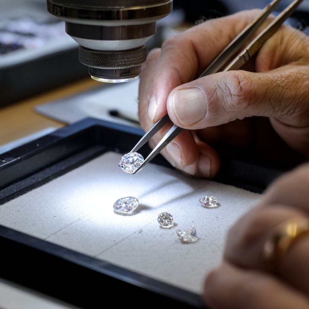 A grader inspecting a brilliant diamond with tweezers under a microscope