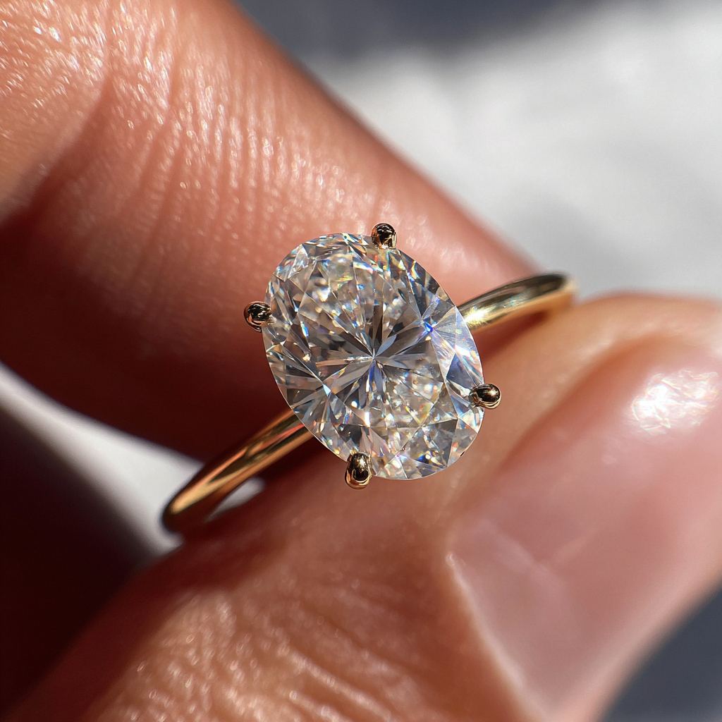 A solitaire oval diamond engagement ring in gold, held between fingertips, catching sunlight