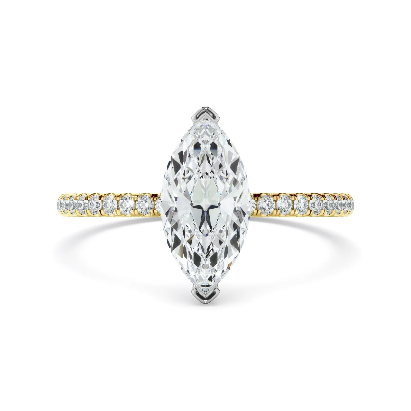 A marquise-cut diamond solitaire engagement ring on a finger