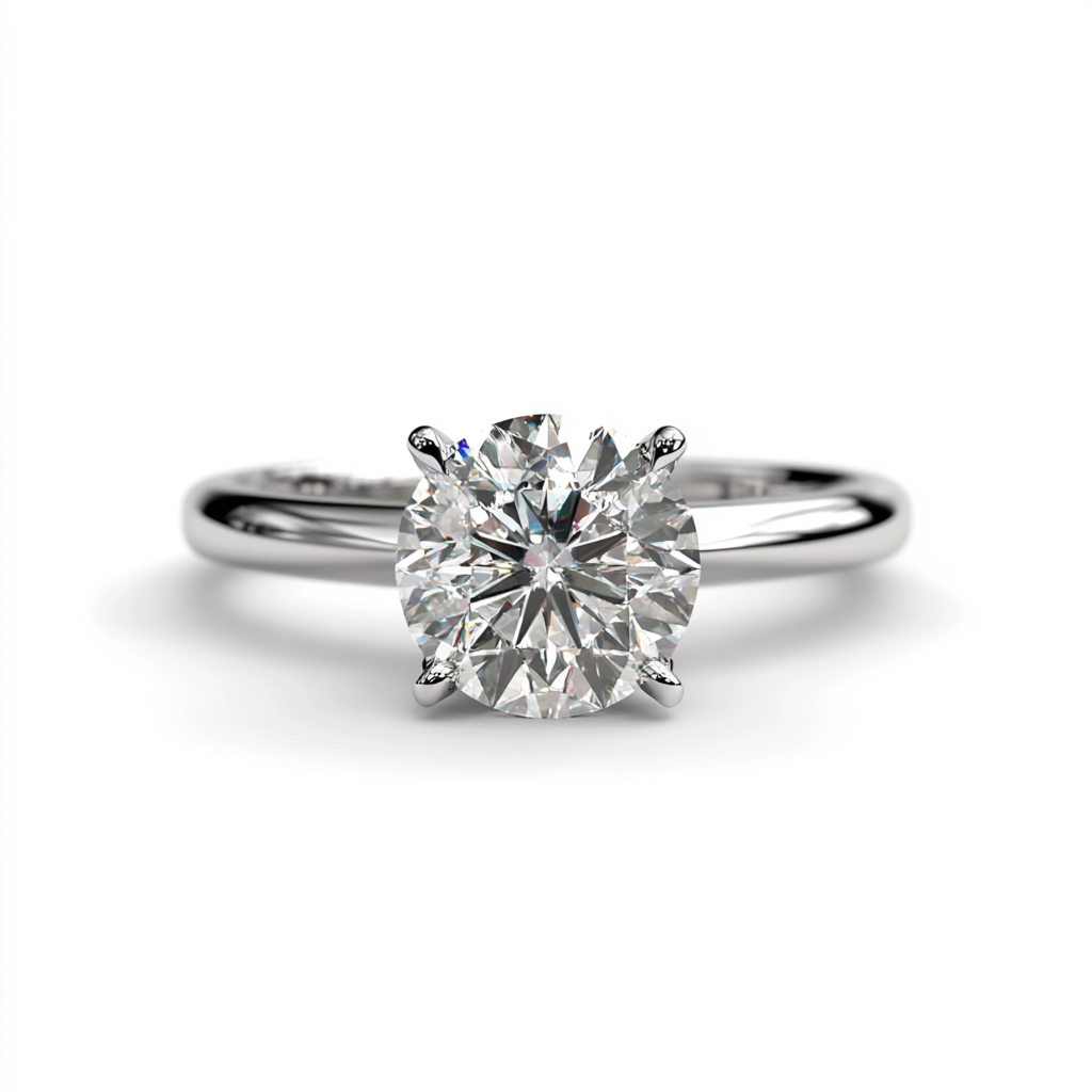A round brilliant diamond solitaire engagement ring on a finger, white gold band